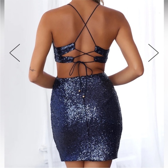 Hello Molly Wanna Know How You Feel Sequin Cut-Out Mini Dress XS Navy Blue - Picture 2 of 12